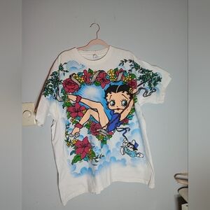 Vintage Freeze White Tee with Cartoon and Floral Design